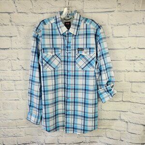 Wrangler Outdoor Mens Size S Blue/White Plaid Snap Front Tab Sleeve Vented Shirt
